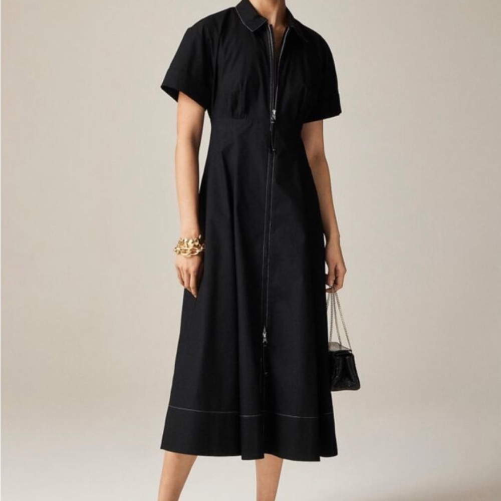 J. Crew Black Short-Sleeve Zip-Front Midi Shirt-Dress - Picture 1 of 10